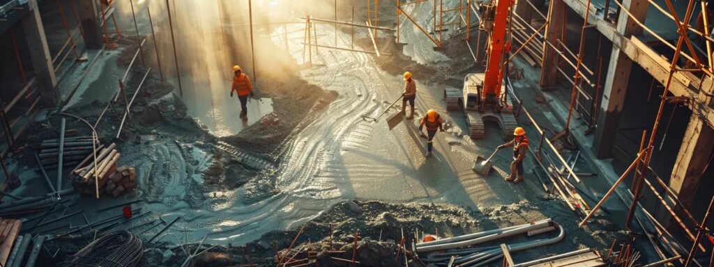 a rugged construction site showcases skilled installers meticulously pouring smooth, gray concrete, enveloped by vibrant morning light illuminating the strength of their craftsmanship.