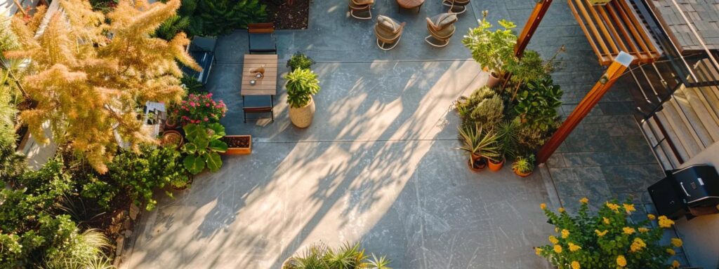 a skilled concrete patio builder meticulously shapes a smooth, sunlit surface, surrounded by vibrant greenery and colorful outdoor furniture, evoking a serene and inviting outdoor space.