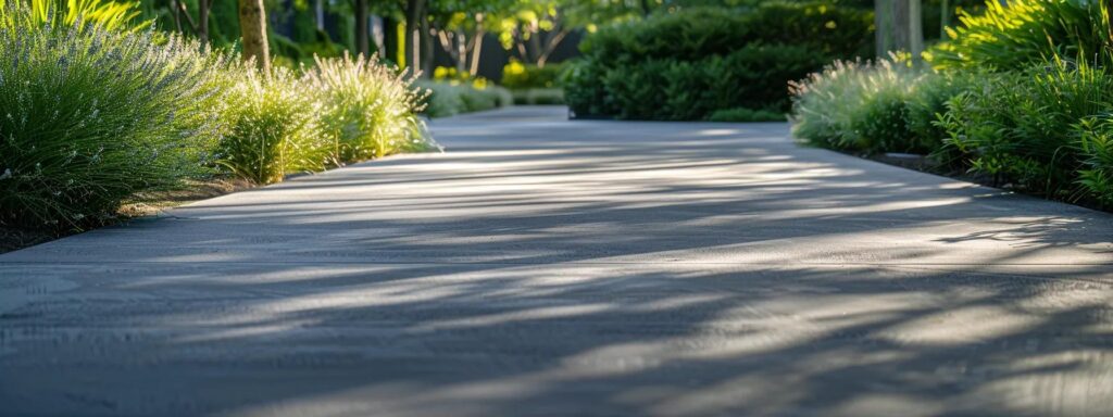 a sunlit concrete slab driveway stretches elegantly, showcasing its smooth, textured surface against a backdrop of vibrant green landscaping.